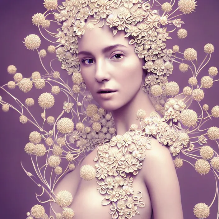 Image similar to photo portrait of a beautiful woman like a queen-flower-angel, dressed in long elegant intricate ornamental flowers white dress, natural skin tone, intricate fractal highly detailed flowers ornament in the upper side of breast, bust with a very long neck , elegant, highly detailed intricate flowers ornament in her blond long hair, Realistic, Refined, Highly Detailed, Cinematic pastel Lighting, fine art photography by Paolo Roversi, volumetric lighting, hyper realistic photography
