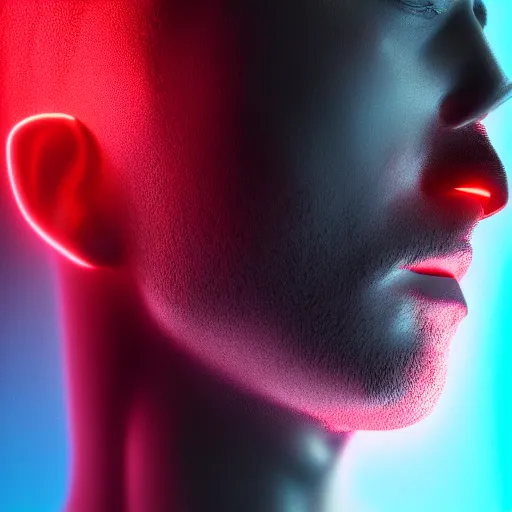 Prompt: profile of a beautiful! male with bionic eye!, neon glow, ultra realistic HD 8K raytracing, octane rendered dark background