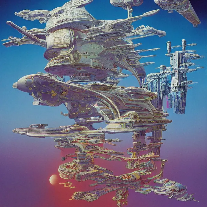 Prompt: chinese spaceship, science fiction, extremely detailed, pastel colors, intricate, hard light, flat, illustration, volumetric lighting, digital painting, by roger dean, by alex grey, by bruce pennington