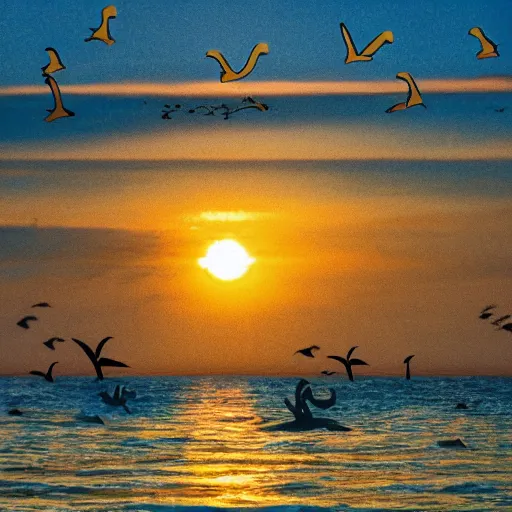 Prompt: A hand-drawn sailboat circled by birds on the sea at sunrise