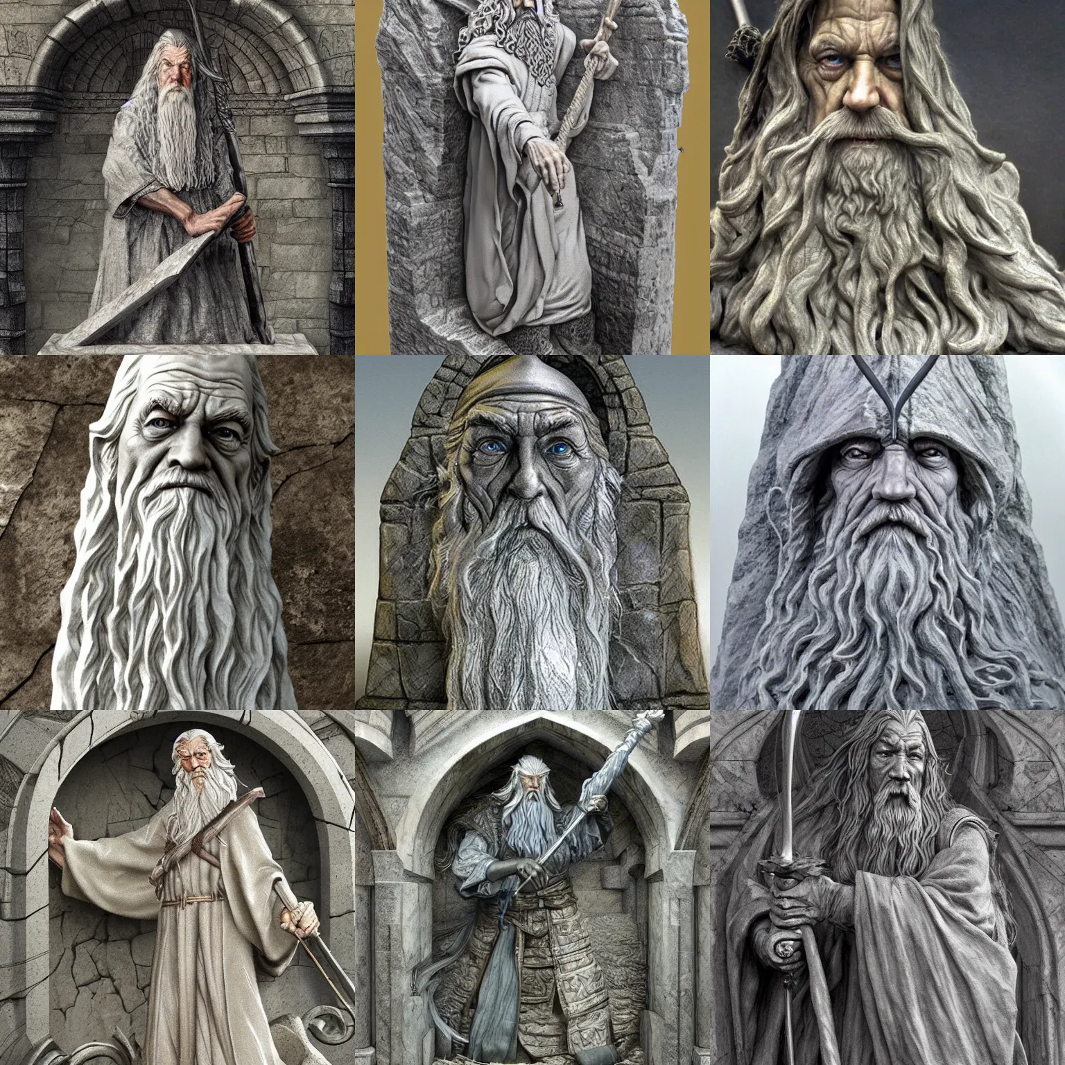 Prompt: impressive marble sculpture depicting gandalf the grey protecting the bridge of khazad dum by alan lee, intricate, highly detailed stonework, digital painting, artstation