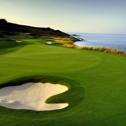 Image similar to a great photo from the teebox of the most amazing golf hole in the words, cliffs by the sea, perfect green fairway, ambient light