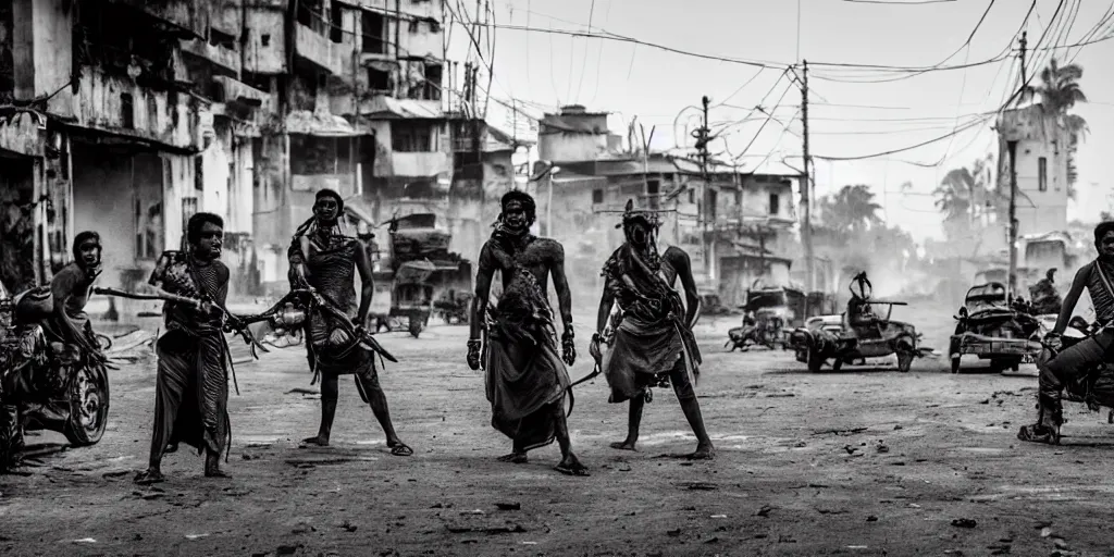 Image similar to sri lankan mad max style, city streets, film still, epic shot cinematography, rule of thirds