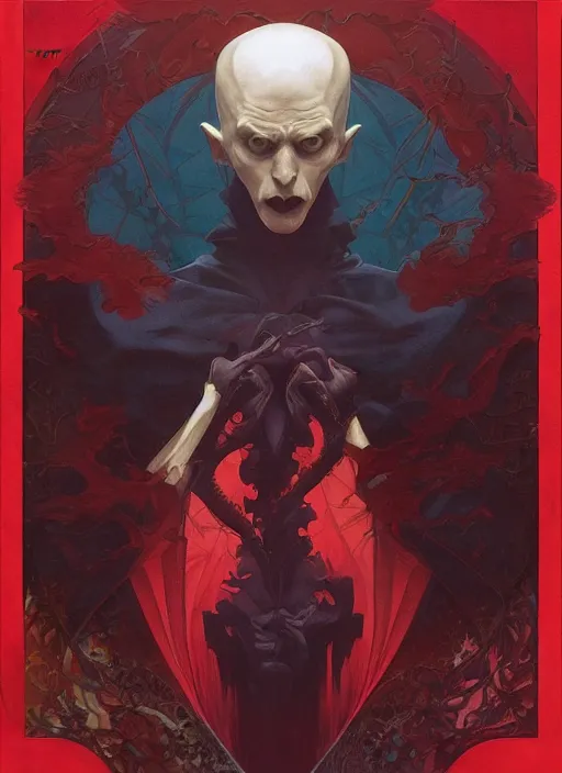 Prompt: symmetry! portrait of nosferatu, bats, red splash aura in motion, floating pieces, painted art by tsuyoshi nagano, greg rutkowski, artgerm, alphonse mucha, spike painting