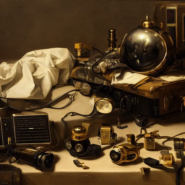 Image similar to still life painting of cyberpunk technology by pieter claesz, oil on canvas, strong lighting, highly detailed, hyper realism, golden hour, god rays, hd, 4 k