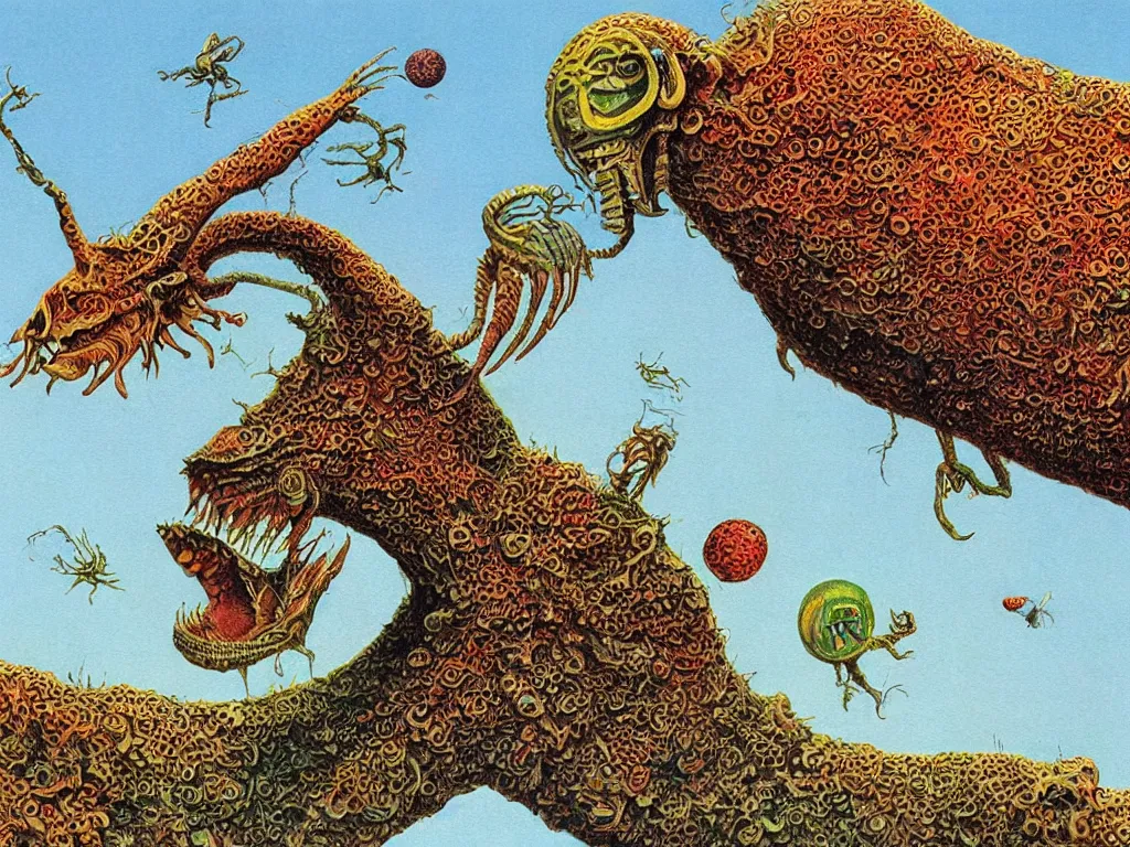 Image similar to close up view of a creature from codex seraphinianus. painting by roger dean