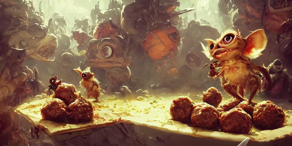 Image similar to gremlins addicted to meatballs, Greg Rutkowski, Darek Zabrocki, Karlkka, Jayison Devadas, Phuoc Quan, trending on Artstation, 8K, ultra wide angle, pincushion lens effect.