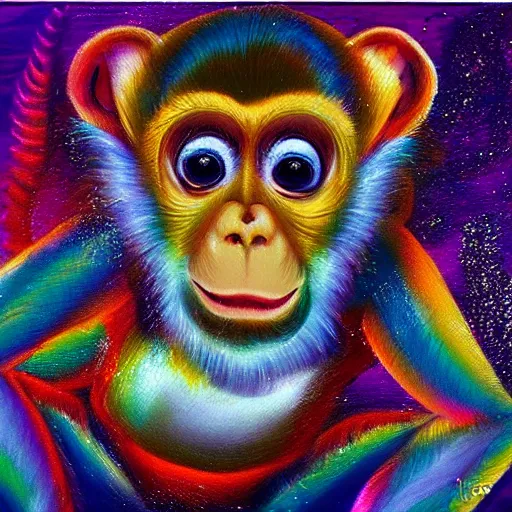 Image similar to excited young monkey underwater, sparkly, colorful, oil painting