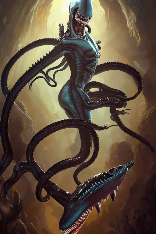 Prompt: underwater xenomorph alien mixed with sharks extra teeth, tentacles, highly detailed, digital painting, artstation, concept art, smooth, sharp focus, illustration, unreal engine 5, 8 k, art by artgerm and greg rutkowski and alphonse mucha and ifbb pro fitness photograph