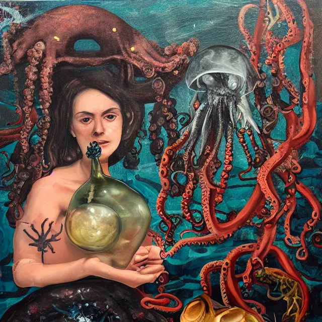 Prompt: a dark portrait of female art student holding an octopus, jellyfish, shipwreck, berries, trash, starfish, coral, rocks, empty pet bottles, scientific glassware, neo - expressionism, surrealism, acrylic and spray paint and oilstick on canvas