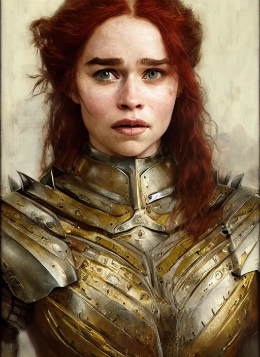 Image similar to short muscular redheaded woman wearing realistic medieval armour, young emilia clarke face paint, detailed by gaston bussiere, bayard wu, greg rutkowski, giger, maxim verehin, greg rutkowski, masterpiece, sharp focus, cinematic lightning