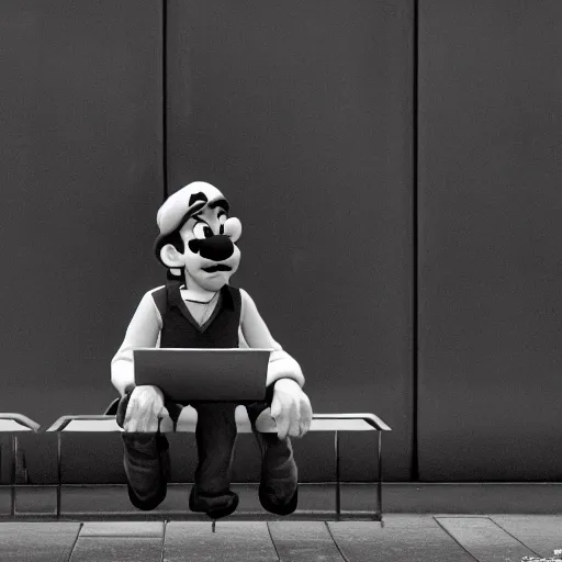 Prompt: waluigi sits alone, sad, contemplating his role in life, looking at a photo of luigi