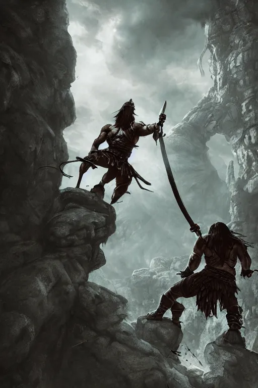 Prompt: 28mm Photo of conan the Barbarian, fighting a giant dragon in a dungeon, in the style of greg rutkowski, concept art, rim lighting, dark souls, unreal, ray tracing