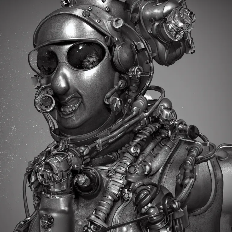 Image similar to octane render portrait by wayne barlow and carlo crivelli and glenn fabry, a psychedelic old timey diving suit filled with glowing fluid and made of clear plastic, cinema 4 d, ray traced lighting, very short depth of field, bokeh