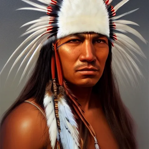 Image similar to painting portrait of a native american wearing a white feather headdress, artstation, ultra detailed