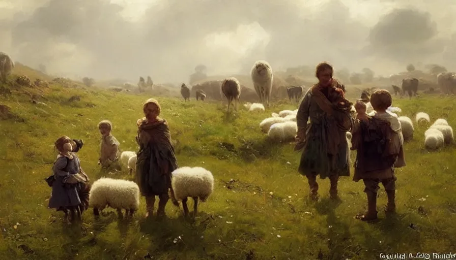 Image similar to simple villager shepherd and children with flocks of sheep in open fields, art by anders zorn, wonderful masterpiece by greg rutkowski, beautiful cinematic light, american romanticism thomas lawrence, greg rutkowski