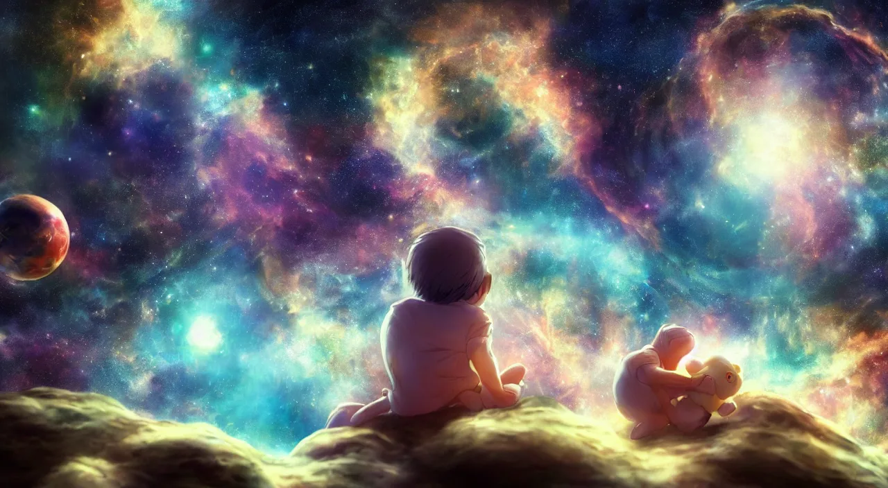 Prompt: a boy drifting through the cosmos with his teddy bear, gazing at the anatomical heart that beats at the nexus of space and time. fanart anime fanart, in the universe 16k resolution, godrays, planets and space, extraordinary sights, battle for the universe. unreal engine 60 fps screenshot, treding on art station. Emotional. The End of All Existence.