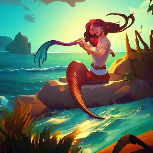 Image similar to painting mermaid treasure on sea of thieves game avatar hero smooth face median photoshop filter cutout vector, behance hd by jesper ejsing, by rhads, makoto shinkai and lois van baarle, ilya kuvshinov, rossdraws global illumination