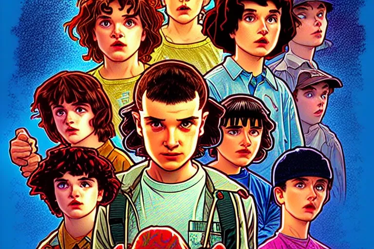 Image similar to closeup shot from the animated version Stranger Things, cartoon, detailed faces, high resolution, hyper detailed, intricate, illustrated, dramatic lighting, illustration, artstation, concept art, smooth, sharp focus, art by Alphonse Mucha and Matt Groening !n-9