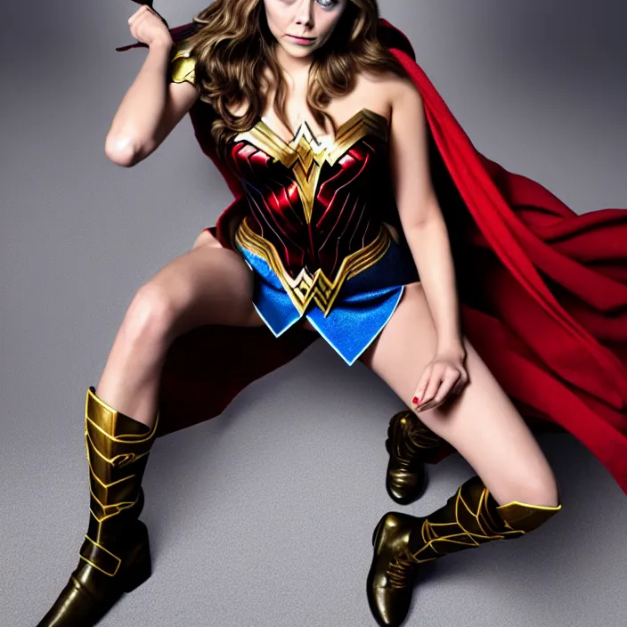 Image similar to professional full length photograph of elizabeth olsen as wonder woman. Extremely detailed. 8k