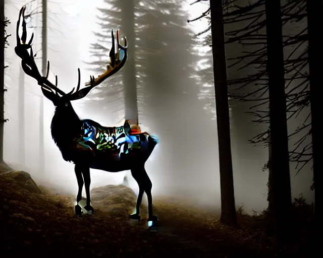 Prompt: an alert elk with branches as antlers in a foggy forest, epic scene, extremely detailed masterpiece, extremely moody lighting, glowing light and shadow, atmospheric, shadowy, cinematic, god light rays