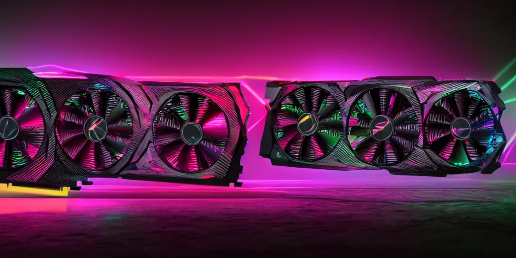 Image similar to product photo of triple wide extra long gtx rtx 4 0 9 0 nvidia gpu graphics card dramatic black background neon lighting