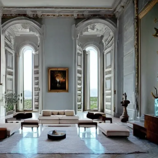 Image similar to giant Italian modern castle living room, clean minimalist design, that is 1300 feet tall, with very tall giant walls filled with modern art paintings, doors that are cosmic portals, photo by Annie Leibovitz