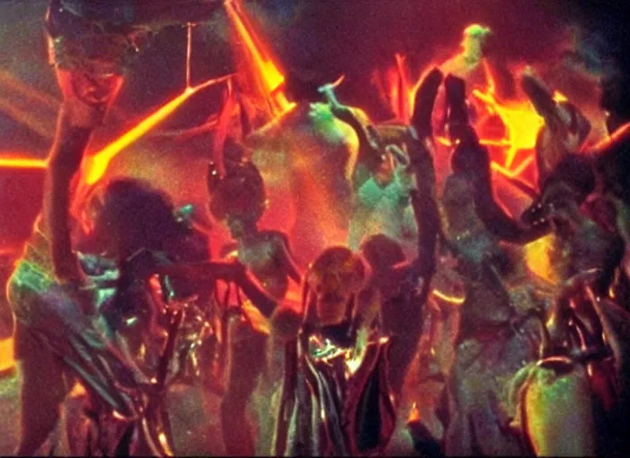 Image similar to wild underground carnival dance scene from a 7 0's movie by chris cunningham, kenneth anger and alejandro jodorowsky : : smoke effects, technicolor color scheme, close - up of the actors'faces