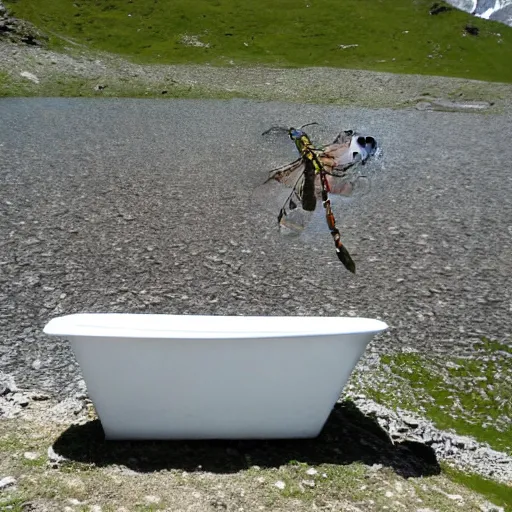 Image similar to dragonfly in a bathtub in the alps, goat!!!!! in background