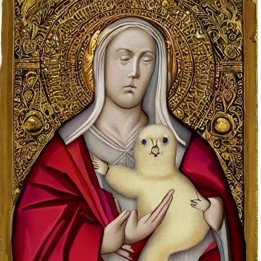 Prompt: a baby harp seal saint, wearing ornate robes, Byzantine painting