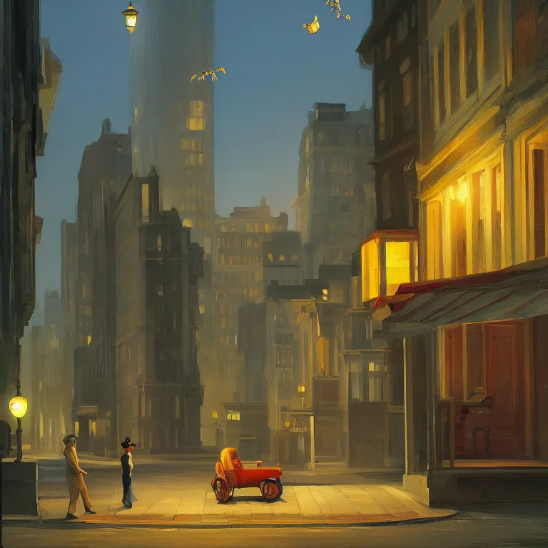 Image similar to a storybook illustration of a trash flying through empty street at night, fireflies, quiet night scene painted by Edward Hopper masterpiece, intricate, elegant, fantasy, highly detailed, digital painting, concept art, sharp focus, artstation