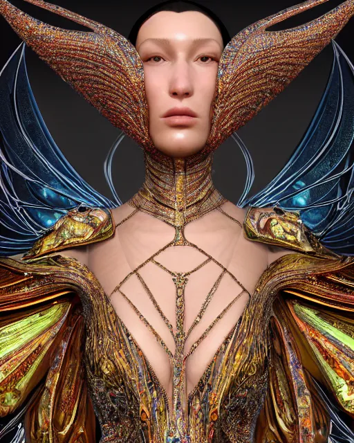 Image similar to a highly detailed metahuman 4 k close up render of a bella hadid as dmt monument renaissance in iris van herpen dress schiaparelli in diamonds crystals swarovski and jewelry iridescent in style of alphonse mucha gustav klimt trending on artstation made in unreal engine 4