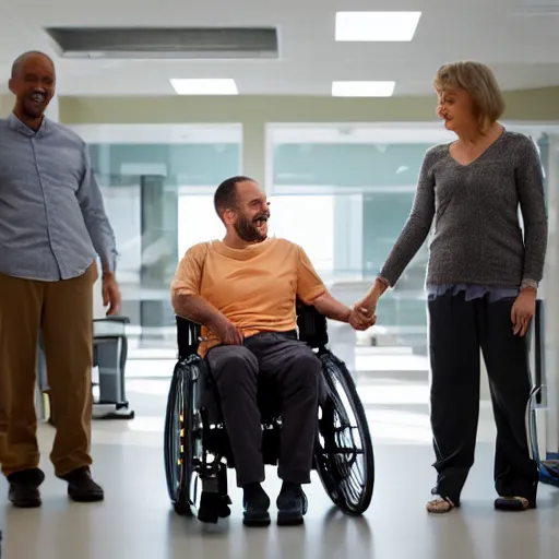 Image similar to a male patient in a wheelchair in the hospital with his wife and son standing by. happy, cheerful, smiling, intricate, sharp focus, cinematic lighting, 8 k, art by emiliya lane, margaret dyer