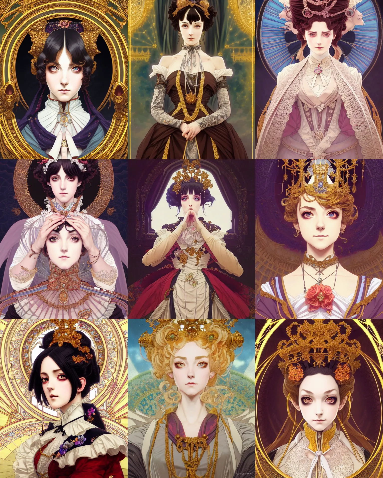 Prompt: symmetry!!!!!! beautiful anime victorian queen close portrait, palace background, wearing ornate clothing, highly detailed, anime, dynamic lighting, digital art, digital painting, artstation, wlop, sharp focus, illustration, art by artgerm and greg rutkowski and alphonse mucha, 8 k