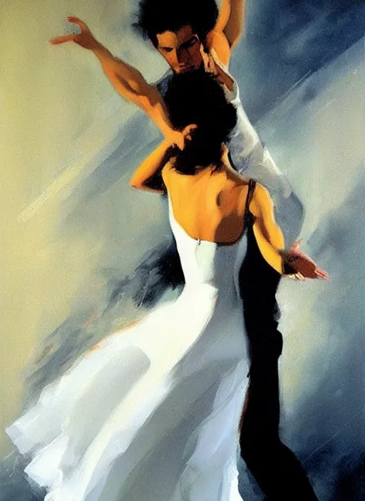 Image similar to tango dancerin in white dress, painting by phil hale, fransico goya,'action lines '!!!, graphic style, visible brushstrokes, motion blur, blurry, visible paint texture, crisp hd image