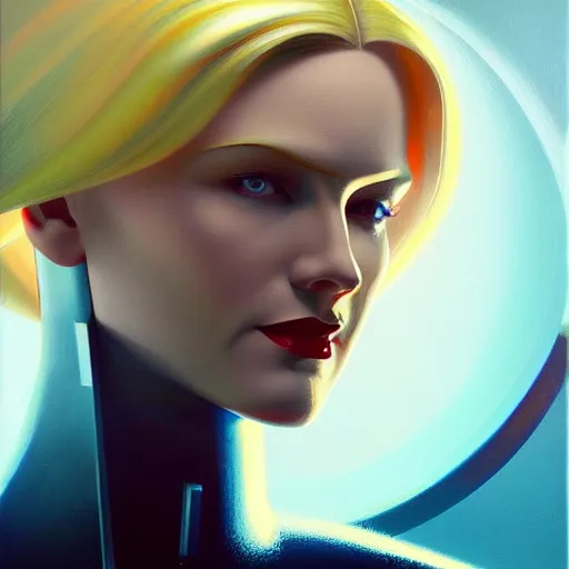 Prompt: a killian eng art deco style sci - fi pilot, blonde swedish woman, oil on canvas, smooth, sharp focus, vibrant volumetric dark natural light, dark enlightenment, alchemy, rubedo.