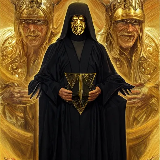 Image similar to Cult leader wearing black robes and a golden mask as a fantasy D&D character, portrait art by Donato Giancola and James Gurney, digital art, trending on artstation