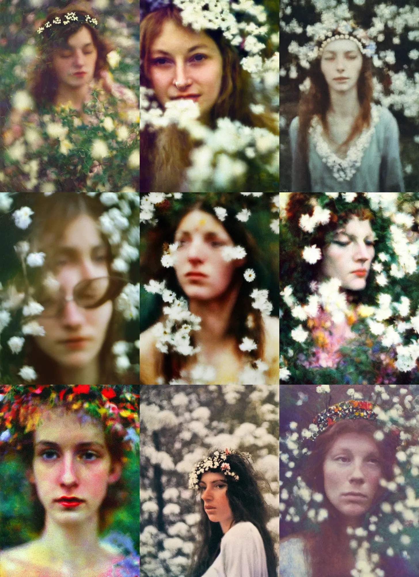 Prompt: out of focus photorealistic portrait of a beautiful hippie woman by saul leiter, very blurry, a crown of white flowers on the head