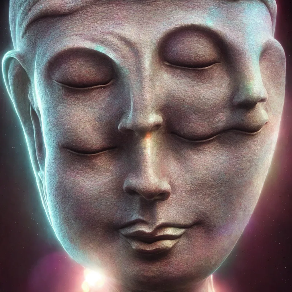 Image similar to extremely detailed cinematic movie still medium shot of enlightened iridiscent buddha hyperreal skin face by denis villeneuve, wayne barlowe, simon birch, marc simonetti, philippe druillet, beeple, alex grey bright volumetric sunlight, rich moody colors, bokeh