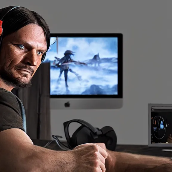 Image similar to john marston in his bedroom, playing pc games with gaming headphones on, photograph