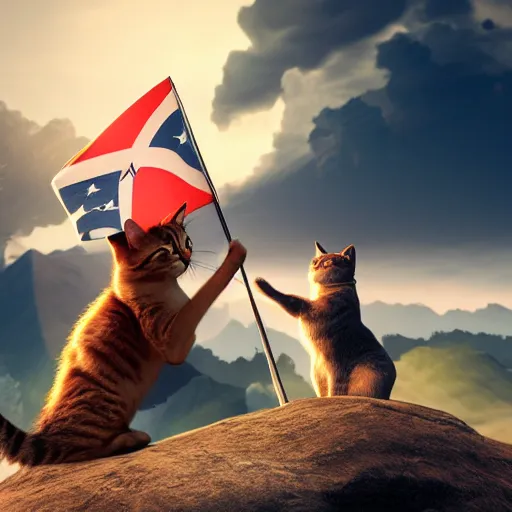 Prompt: a cat with a flag riding another cat into battle, in the background there is epic enormous terrain with shockingly gorgeous skies, dramatic lighting, octane render, unreal 5