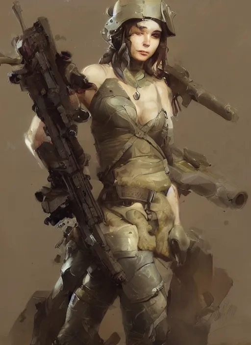 Image similar to of a beautiful sniper girl in war, with fantasy gear and helmet, portrait by ruan jia and ross tran, detailed, epic video game art, warm color tone