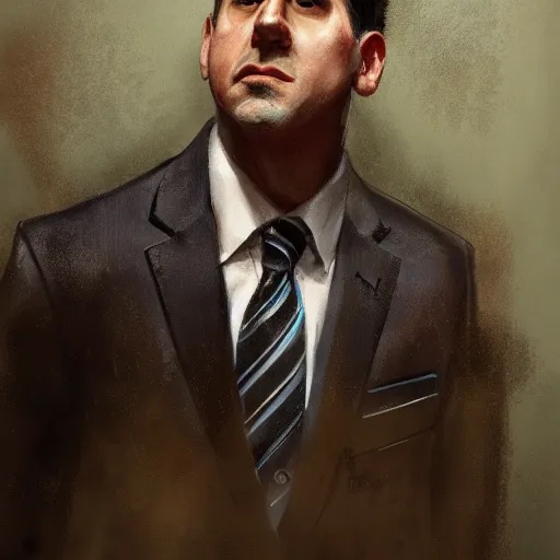 Image similar to hyper realistic, portrait of michael scott, ethnicity : japanese, epicanthal fold, painted by greg rutkowski, wlop, loish,