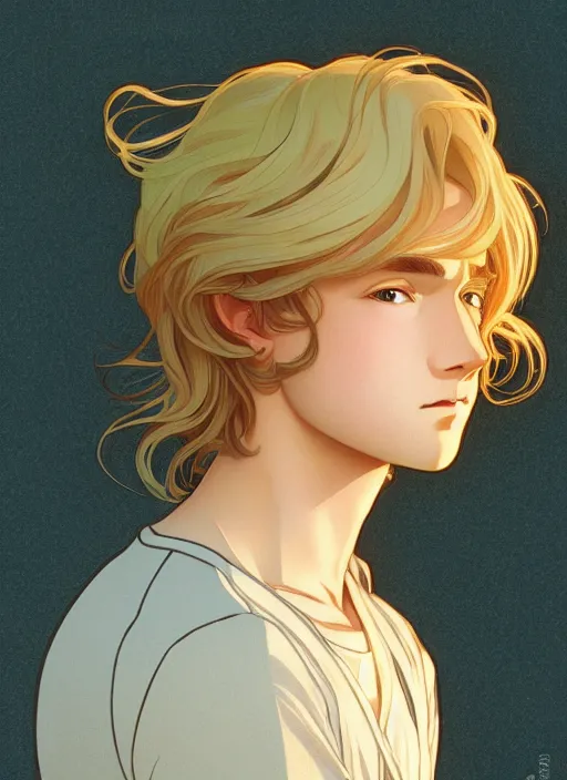 Image similar to pretty young man with shoulder length shiny shimmering golden blond hair, path traced, highly detailed, high quality, digital painting, by studio ghibli and alphonse mucha, leesha hannigan, makoto shinkai, disney