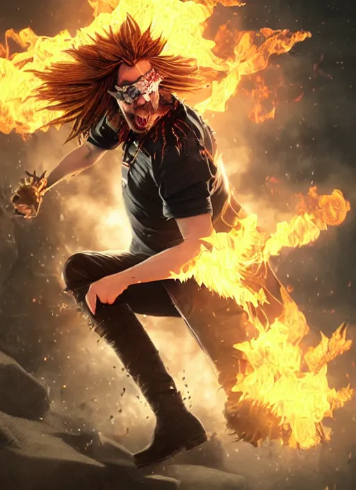 Image similar to An epic fantasy comic book style portrait painting of young man with red spiked long hair, using googles. Wearing a black waistcoat, white shirt. He is throwing a wild fire blast from his hands, with a vicious smile in face. Unreal 5, DAZ, hyperrealistic, octane render, cosplay, RPG portrait, dynamic lighting