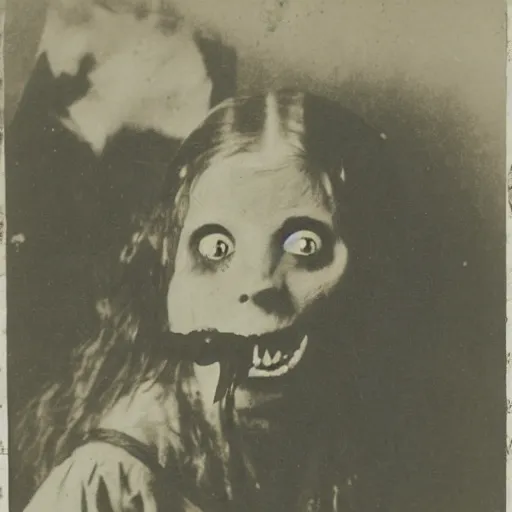 Prompt: spooky 1860 photo of an ancient girl demon devouring a soul on abandoned hospital