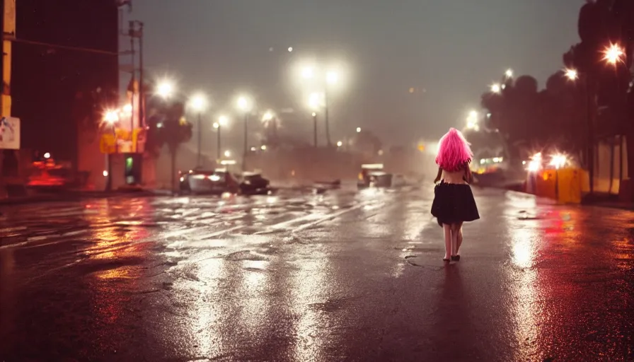 Prompt: street of los angeles, photography, night, rain, mist, a girl with pink hair, cinestill 8 0 0 t, in the style of william eggleston