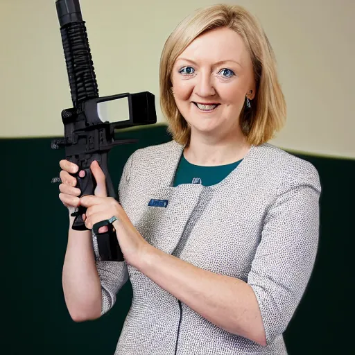 Image similar to Medium Shot photograph of Liz Truss holding an AR-15, 8k, ultrahd