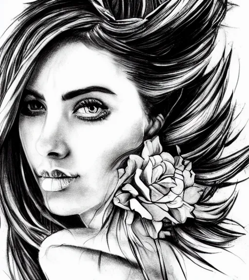 Image similar to tattoo design sketch of a beautiful woman face against a background of beautiful mountains and nature, hyper - realistic, in the style of den yakovlev, amazing detail, black and white