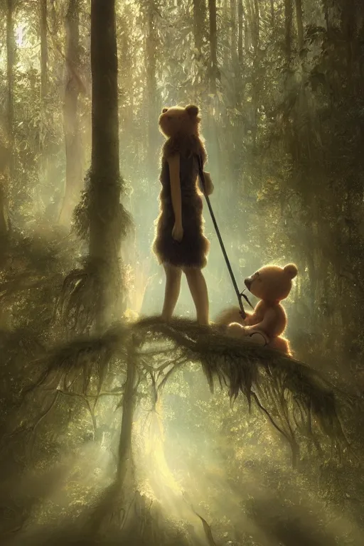 Image similar to mean fluffy teddybear protecting girl in a forest with rays of light coming through the canopy, masterpiece, dystopian, sci-fi, extremely detailed, digital painting, sculpted in zbrush, artstation, concept art, smooth, sharp focus, illustration, chiaroscuro lighting, golden ratio, incredible art, artgerm, greg rutkowski, alphonse mucha, simon stalenhag, carravaggio